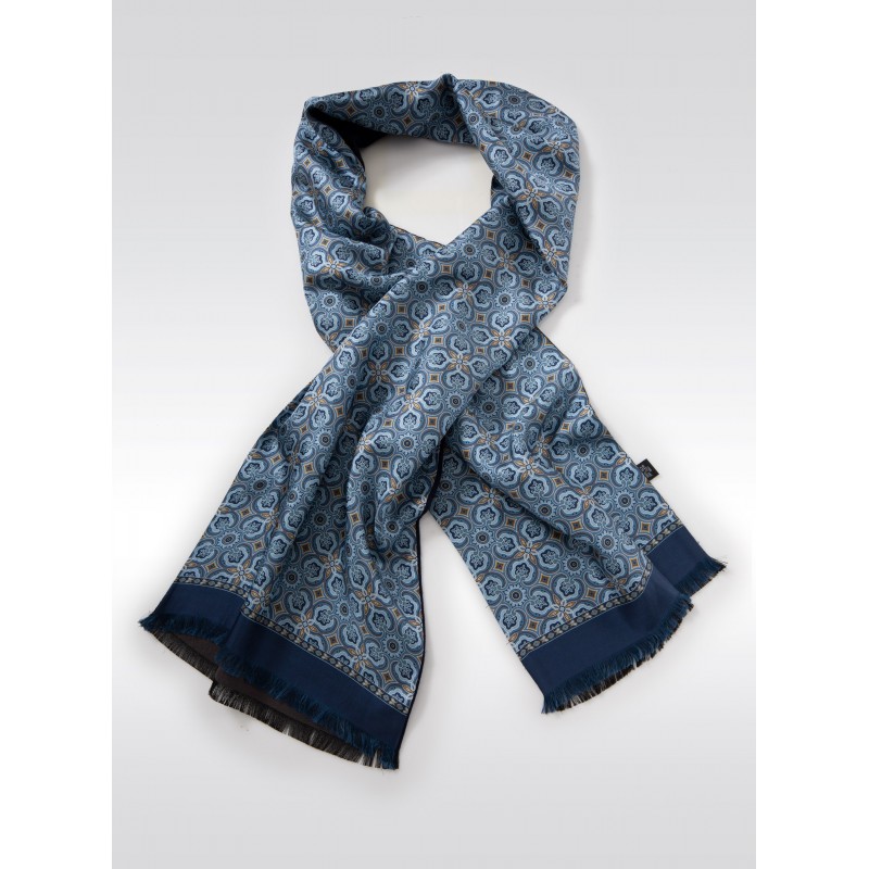 Retro Print Silk Scarf in Light Blues and Gold