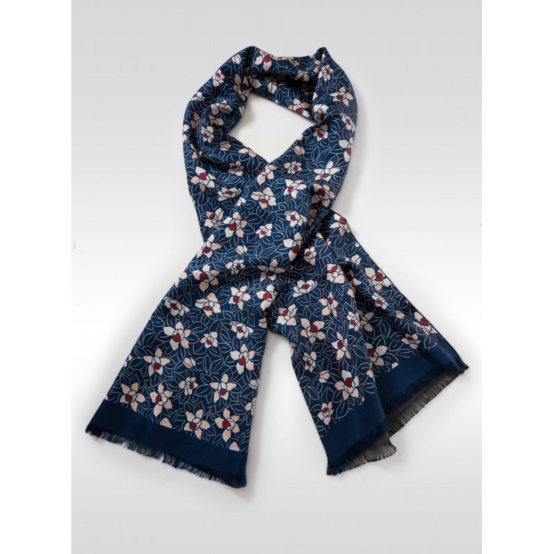Navy Silk Scarf with Japanese Floral Print