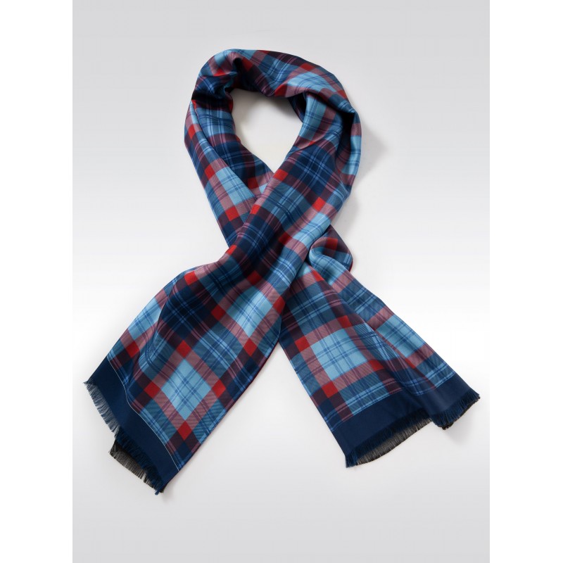 Tartan Check Silk Scarf in Reds and Blues