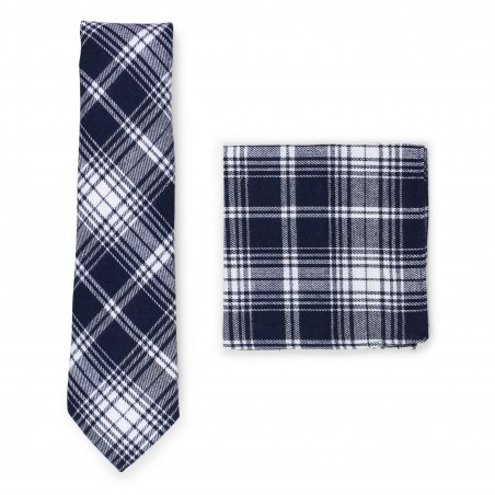 navy and white tartan plaid skinny tie and hanky set in cotton