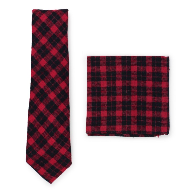 Tartan plaid necktie with hanky in crimson red and black