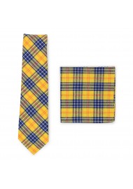 amber and navy tartan plaid tie and pocket square set