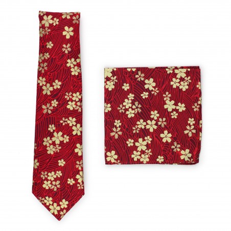 red floral tie with gold flower print in cotton
