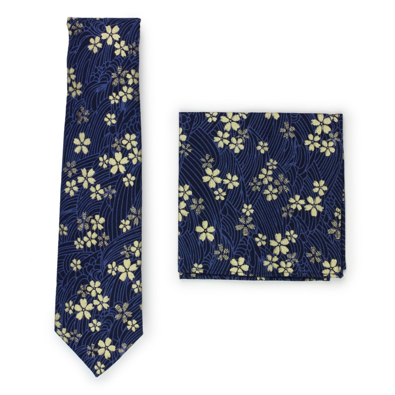 navy and metallic gold floral skinny tie in printed cotton