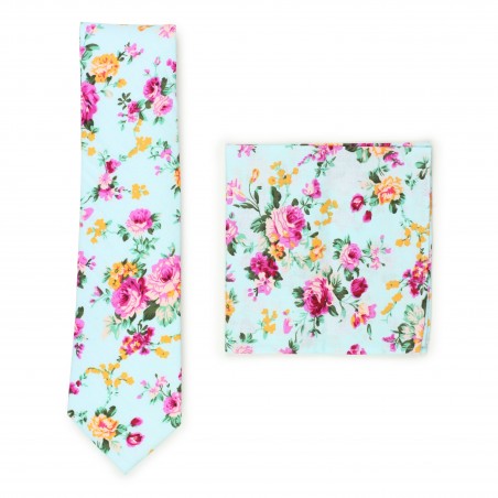 aqua and pink floral skinny cotton tie set