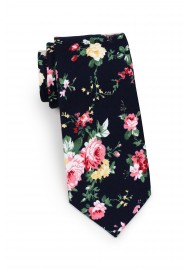 skinny cut cotton mens necktie with pink roses