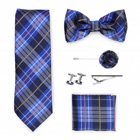 plaid necktie gift set in blue and orange