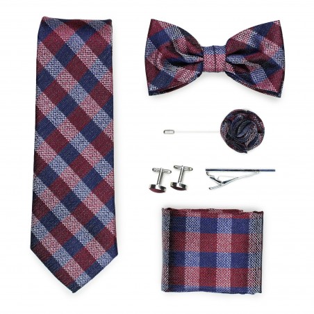 gingham check necktie gift set in navy and burgundy
