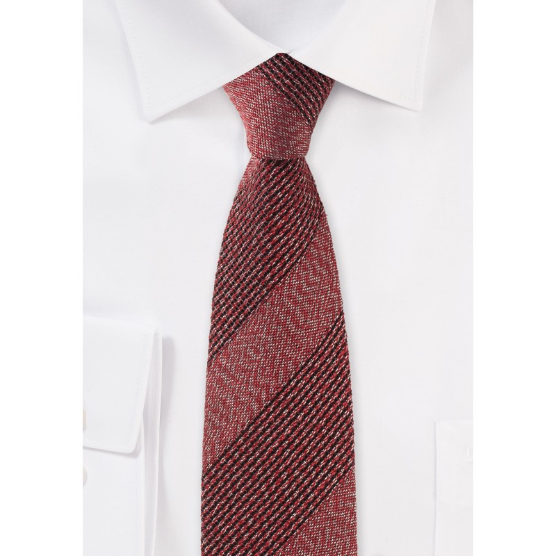 Slim Cut Textured Weave Striped Tie in Ochre Red