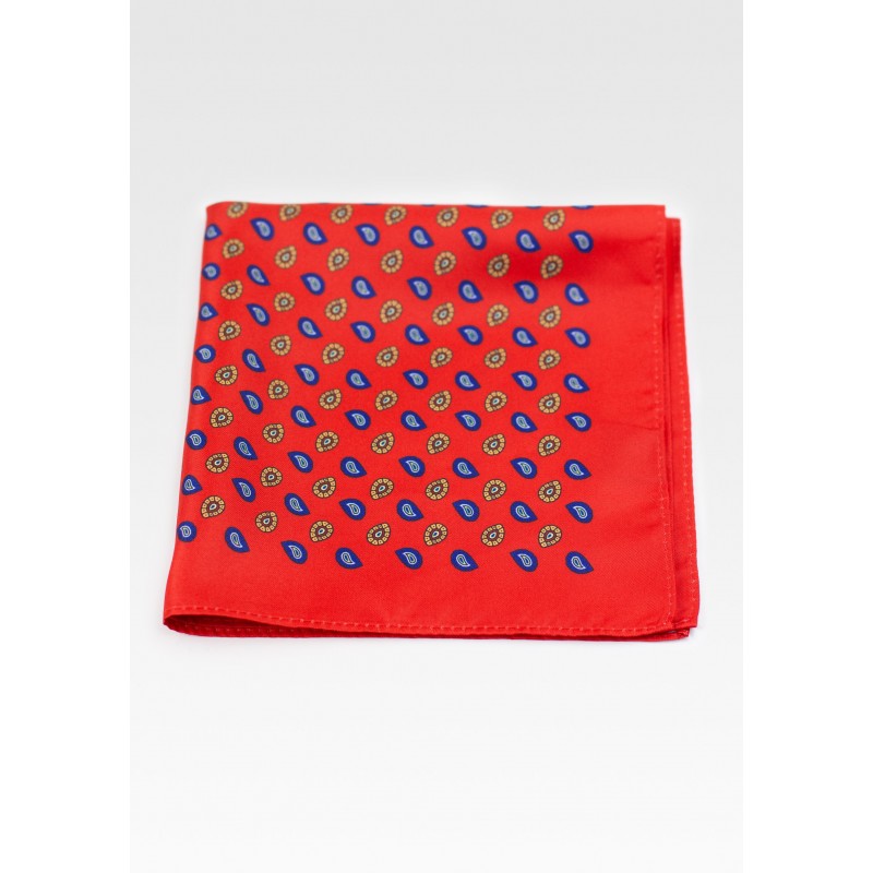 Suit Pocket Square in Bright Red with Dark Blue and Gold Paisley