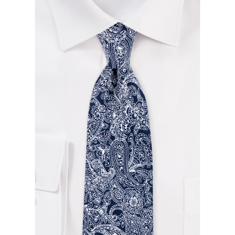 Bandana Style Paisley Print Cotton Tie in Navy and White