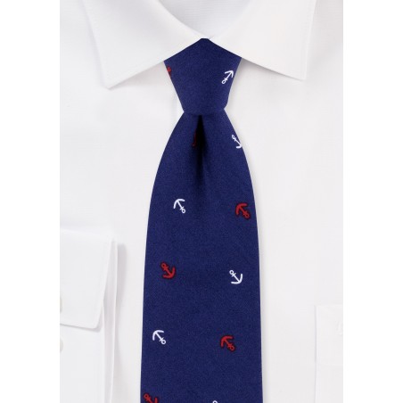 Navy Nautical Themed Tie with Red and White Anchor Print