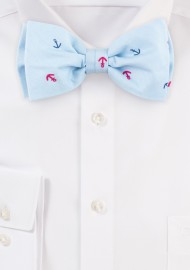 Light Sky Blue Anchor Print Bow Tie in Cotton