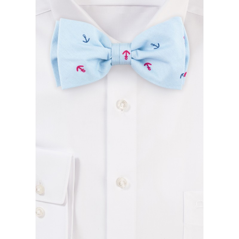 Light Sky Blue Anchor Print Bow Tie in Cotton