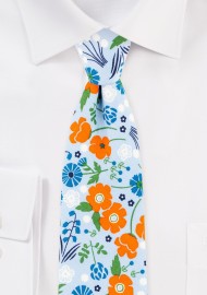 Sky Blue and Orange Floral Cotton Tie in Slim Width