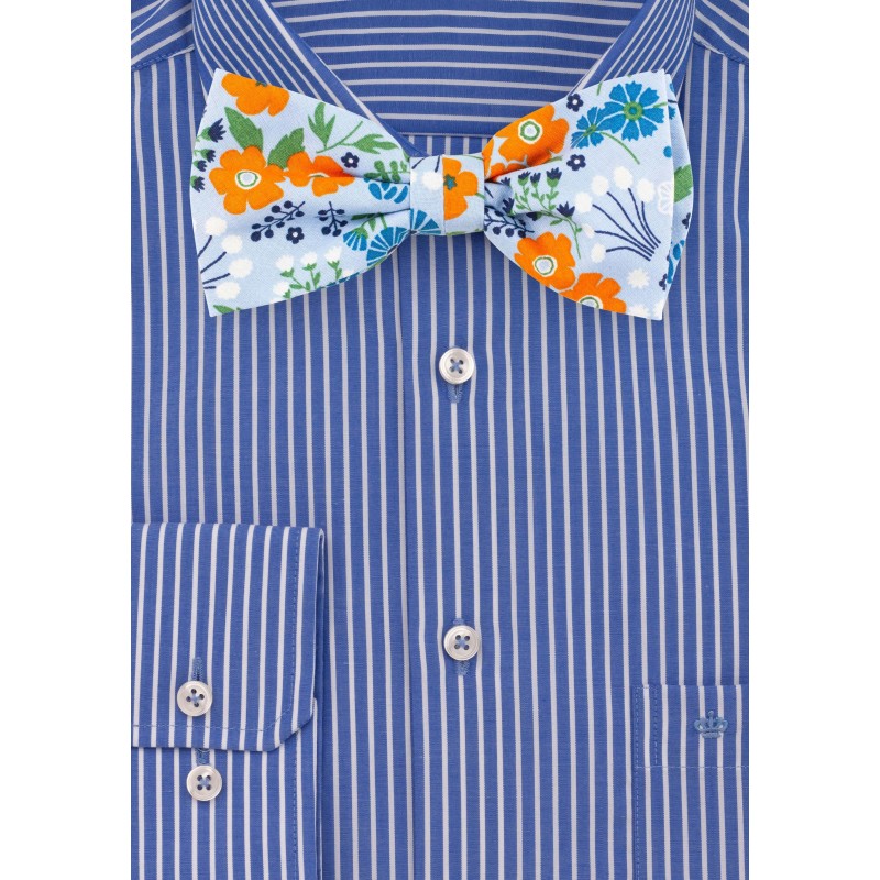 Sky Blue and Orange Floral Bow Tie in Cotton