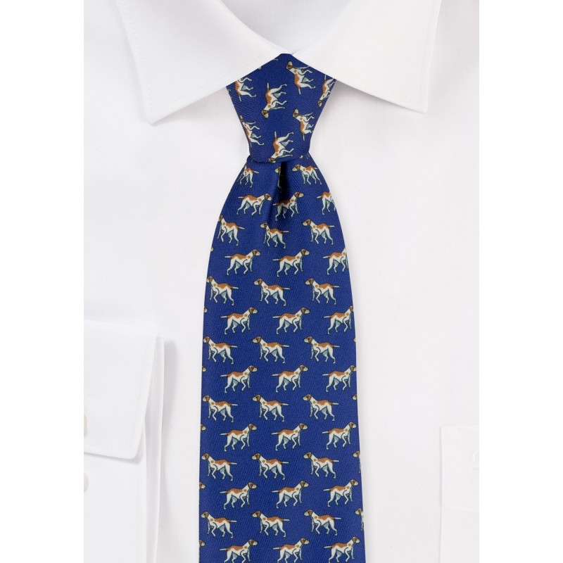 Trendy Mens Tie with Hounds Print in Navy and Tan