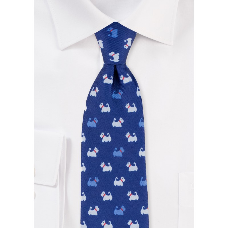 Royal Blue Mens Tie with Dog Terrier Print