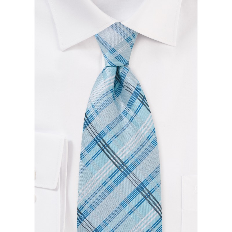 Sky Blue Checkered Tie in XL Length