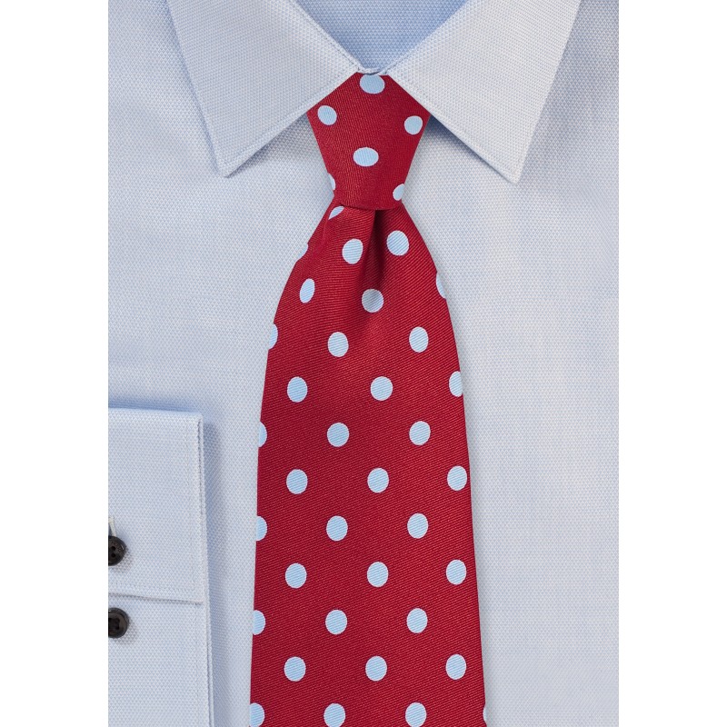 Cherry Red Tie with Light Blue Polka Dots