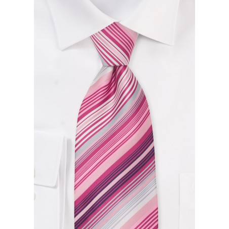 Pink, white, magenta striped necktie