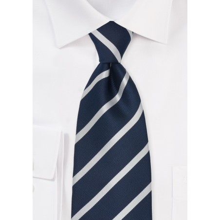 Navy Blue & Silver Striped Silk Tie