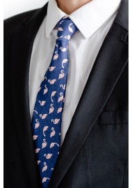 Pink Flamingo Print Cotton Summer Navy Tie in Slim Width Styled