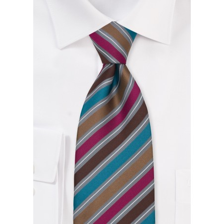 Modern Striped Tie in Brown, Pink, Gray, and Teal