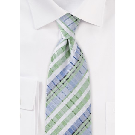 Summer Plaid Tie in Pistachio Green and Blue