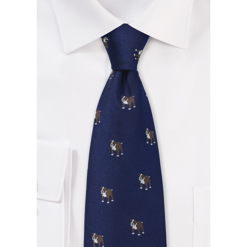 Navy Blue Silk Tie with Bulldog Print