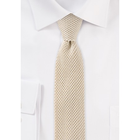 Silk Knit Skinny Tie in Light Cream Color