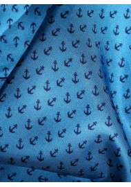 French Blue and Navy Anchor Print Silk Scarf Close Up Pattern