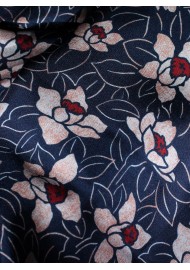 Navy Silk Scarf with Japanese Floral Print Detailed Close Up