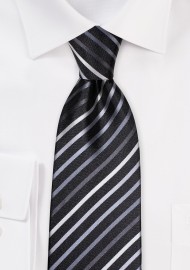 Black XL Length Tie With White, Silver & Gray Stripes