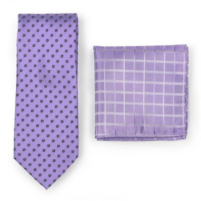 Lavender Floral Necktie Paired to Wisteria Plaid Purple Pocket Square