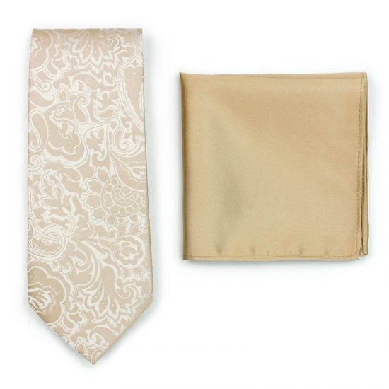 Formal Champagne Paisley Necktie Paired to Solid Champagne Pocket Square