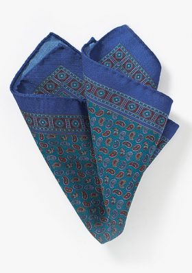 Wool Teal and Blue Paisley Pocket Square