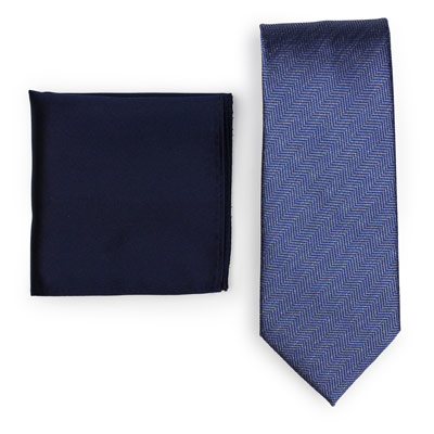 Herringbone Blue Necktie Paired to Solid Navy Pocket Square