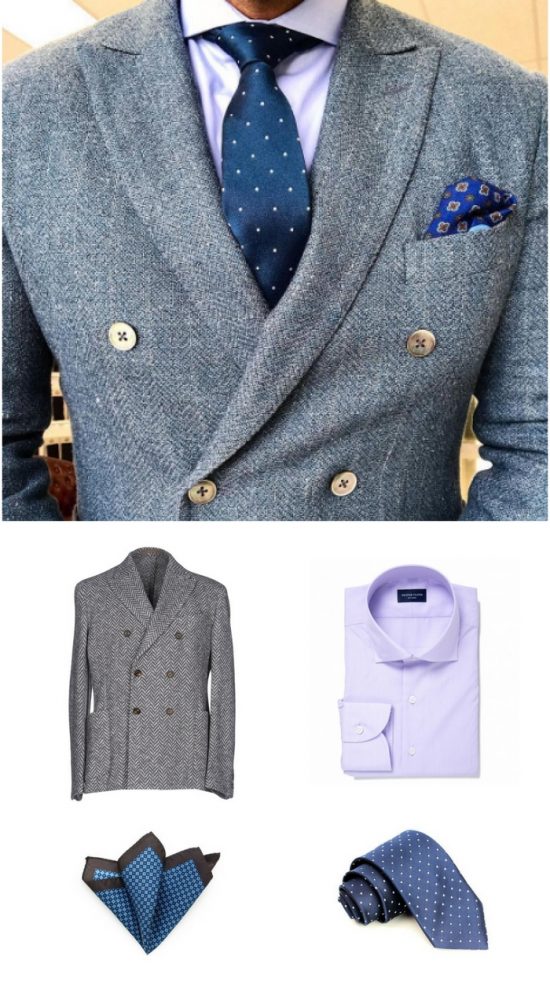 Lavender Shirt + Herringbone Double Breasted Jacket with Blue Menswear Accessories