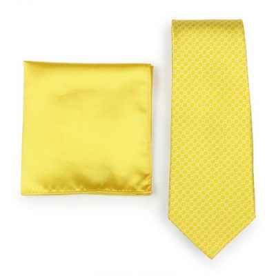 Sunbeam Yellow Geometric Print Necktie Paired to Solid Yellow Pocket Square